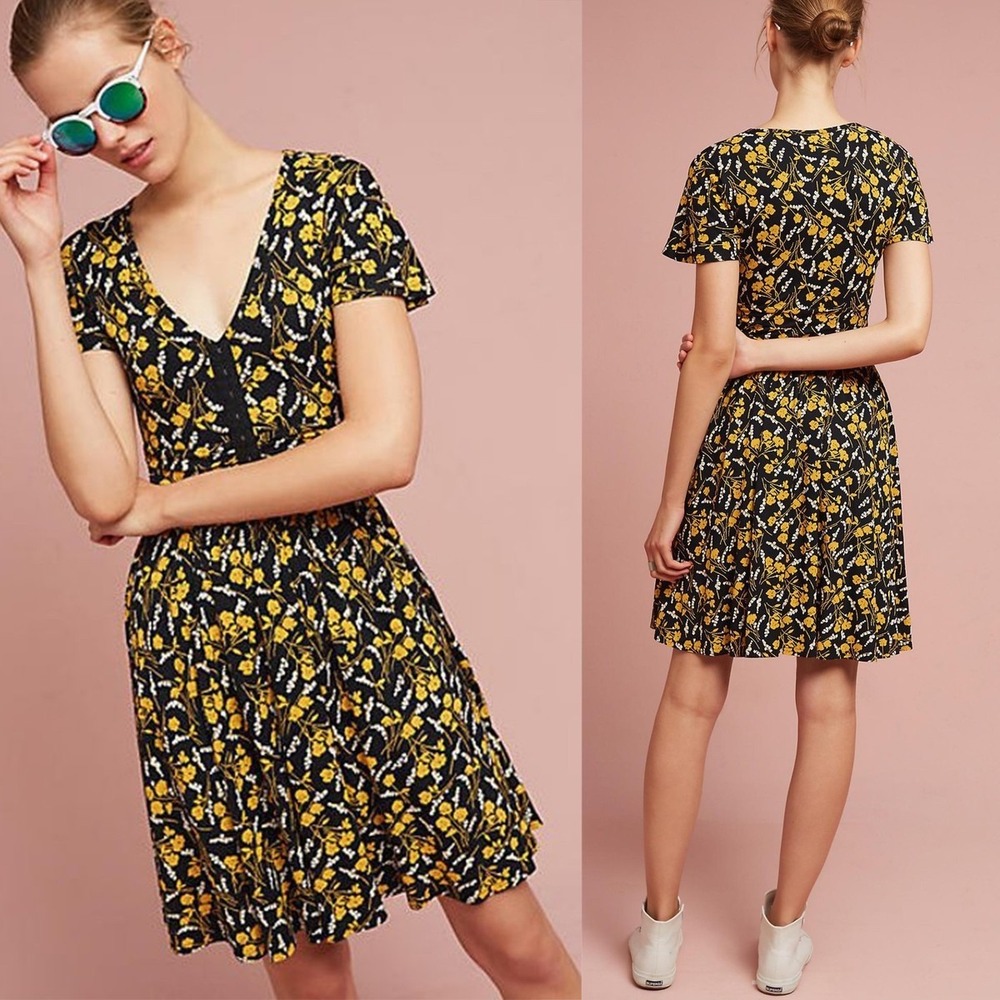 Maeve Anthropologie Floral Hook & Eye Corset Waist V-Neck Dress Yellow Small